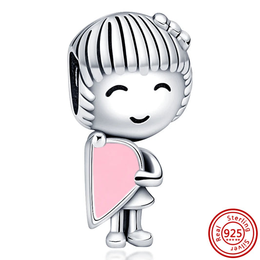 Fit Original Pendant Charm Bracelet Fine Jewelry 925 Sterling Silver Sweet Lovely Happy Boy Girl Love Pink Heart Robot DIY Beads